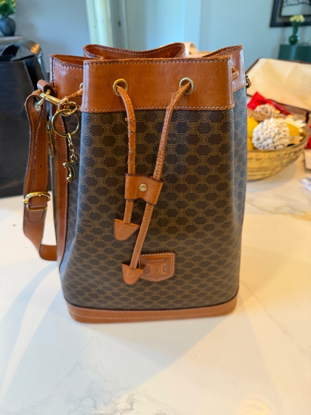 Celine Brown Monogram Leather-Trim Drawstring Bucket Bag